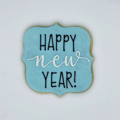 Custom decorated "Happy New Year" plaque sugar cookie by Southern Home Bakery in Orlando, Florida